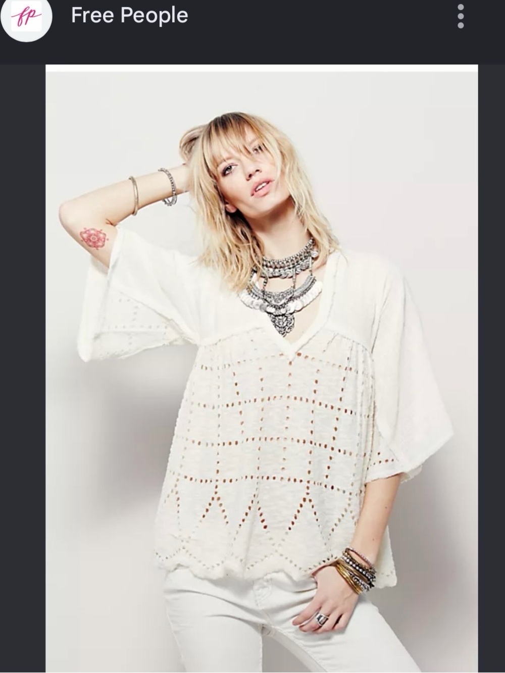 Free People Ivory Boho Cottagecore Peasant Blouse Pullover Size S 100% Cotton